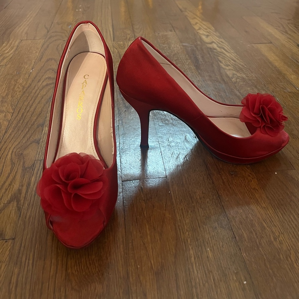 Caparros Red Satin Peeptoe Pumps with Floral Detail 9.5